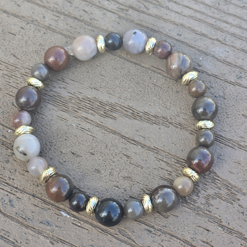 Petrified Wood Jasper And Gold Toned Bracelet